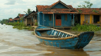 Obraz premium Tranquil River Scene: Blue Boat Drifting Past Houses on Stilts