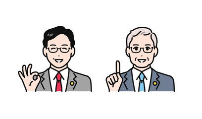 笑顔で説明をするバッジをつけたスーツのミドル・シニア男性のシンプルなベクターイラストセット