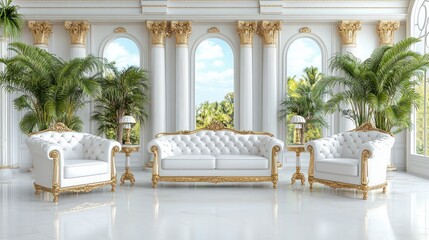 Fototapeta premium Elegant white and gold furniture set in a luxurious palace style room with large and tropical plants.