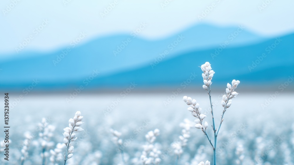 Poster serene white wildflowers bloom in a vast field with a stunning blue mountain backdrop creating a pea