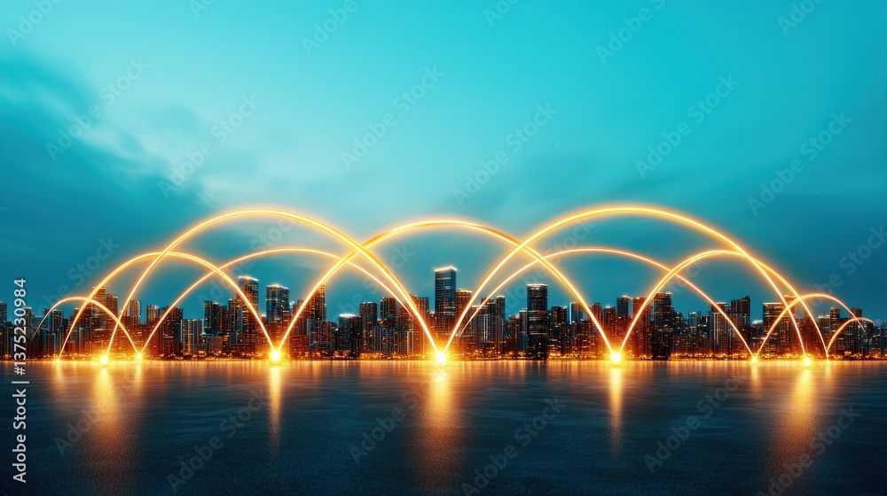 Poster futuristic city skyline at night illuminated with glowing network connections representing digital g