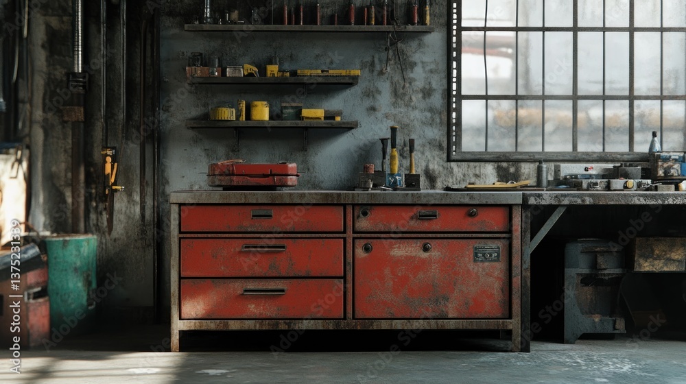 Aufkleber Rusty red toolbox on workbench in a grungy workshop with tools and shelves.