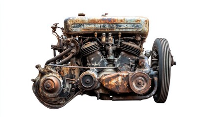 Fototapeta premium Rusty vintage engine isolated on white background.