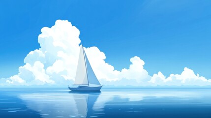 Sailboat on calm ocean under a bright blue sky with fluffy white clouds.