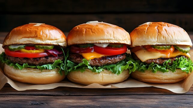 Three delicious cheeseburgers with fresh lettuce tomato and onion on toasted buns served on brown paper on rustic wooden background.