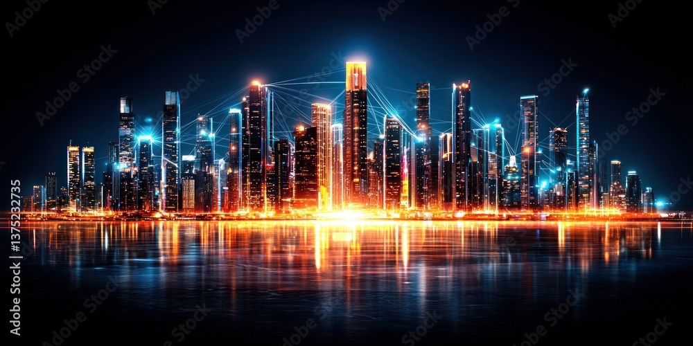 Poster A futuristic cityscape at night glows brightly with interconnected digital networks illuminating modern skyscrapers.
