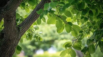 A vibrant green tree branch with fresh leaves in sunlight