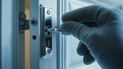 Naklejka premium Detailed view of gloved hand operating shiny metal locking mechanism on white cabinet door