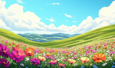 Fototapeta premium Lush Vibrant Flower Field Under Bright Blue Sky with Soft Clouds