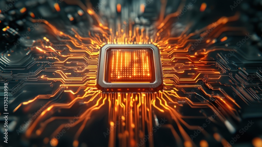 Poster A powerful central processing unit glows brightly within a complex circuit board design.