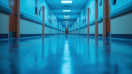 Fototapeta premium Empty Hospital Corridor: A Sterile, Reflective Blue Hue