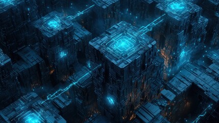 Futuristic City Structures Connected by Illuminated Digital Network Systems