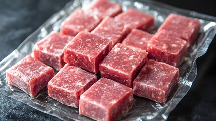Fototapeta premium Freshly cut beef cubes are neatly arranged in a clear plastic package ready for sale or cooking.
