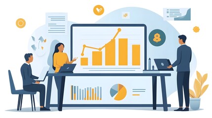 A business team analyzes financial data and growth charts du a productive strategy meeting in a modern office.