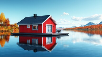 Obraz premium Red Lakeside Cabin in Autumn Serenity