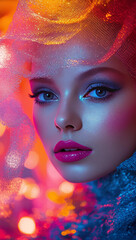 Stunning portrait of a beautiful girl in vibrant lighting, exuding confidence and elegance. Perfect for beauty and fashion projects, capturing contemporary style and allure.