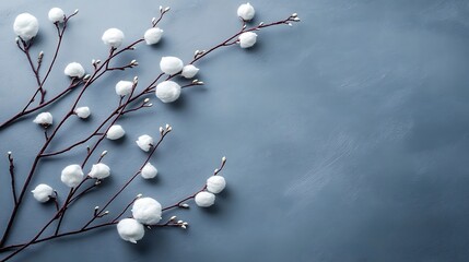Cotton flower branches arranged on a blue background