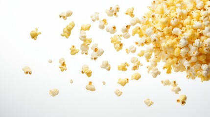 Flying Popcorn Kernels in Air on Clean White Background