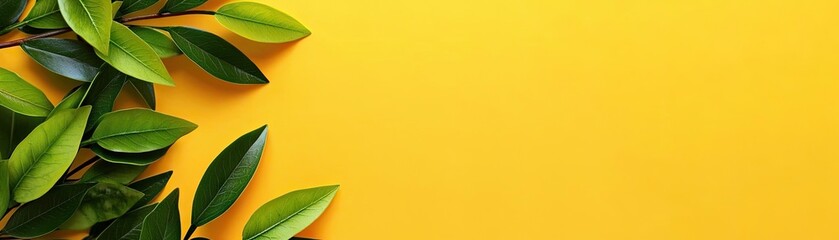 Green leaves on yellow background; nature, spring, freshness. Website banner (1)