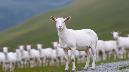 Obraz premium A beautiful white goat stands proudly in a picturesque mountain pasture with its herd behind it.