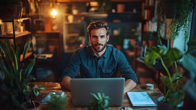 A serious man works intently on his laptop in a dimly lit home office surrounded by lush indoor plants and paperwork.