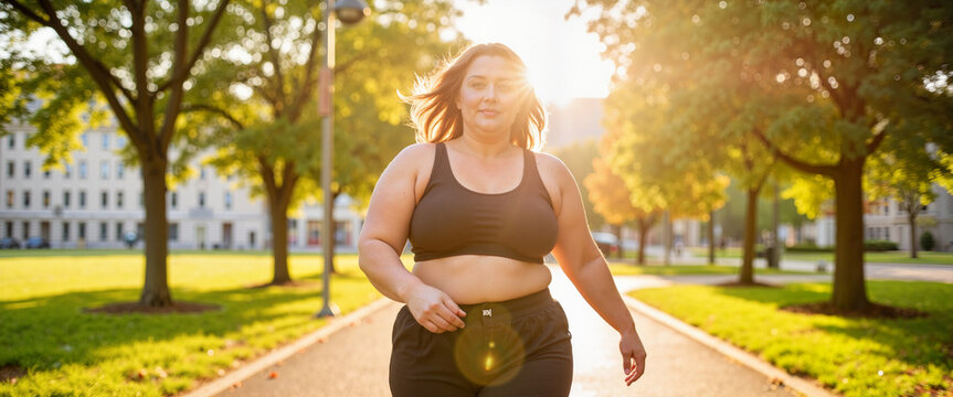 Confident curvy woman walking in city park during golden hour, curvy lifestyle
