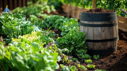 Garden plot filled with fresh vegetables and a wooden barrel in a cultivated agricultural space