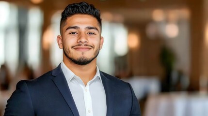 Fototapeta premium Young Hispanic Entrepreneur Networking at Business Event Smiling Confidently in Professional Attire