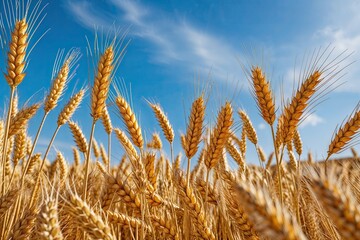 Fototapeta premium Scenic Countryside with Lush Golden Wheat Under Bright Blue Sky Celebrating Harvest and Natural Beauty