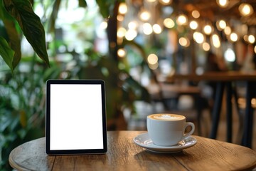 A tablet with a blank screen on a wooden table with a cup of cappuccino. Cafe background. Mock up.