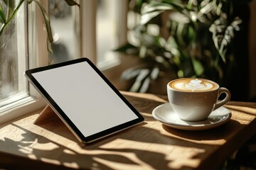 A tablet with a blank screen on a wooden table with a cup of cappuccino. Cafe background. Mock up.
