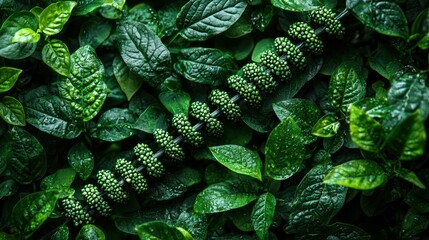 Emerald Green Beads on Lush Greenery: A Jewel-like Nature Still Life