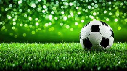Fototapeta premium Soccer Ball on Bright Green Grass with Glittering Background
