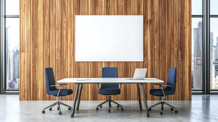 A modern minimalist office features a large blank s on a wood wall with a conference table and chairs.