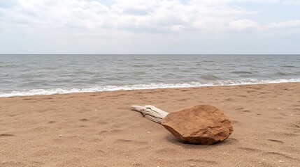 A majestic rock nestled on a serene beach surrounded by gentle waves and soft golden sands
