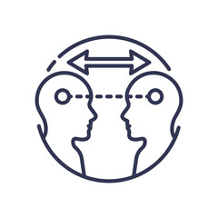 Two heads with arrows symbolize interactive learning and knowledge exchange.