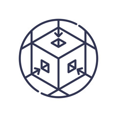 Cube with arrows symbolizes data flow and system interoperability.