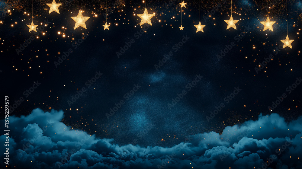 Wall mural celestial dreamscape: a mesmerizing scene unfolds with twinkling golden stars suspended against a de