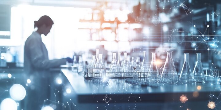 Scientist in Laboratory Performing Experiment with Glassware Setup - Powered by Adobe