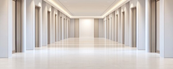 Fototapeta premium A long pristine hallway with numerous elegant elevator doors lines a modern building interior.