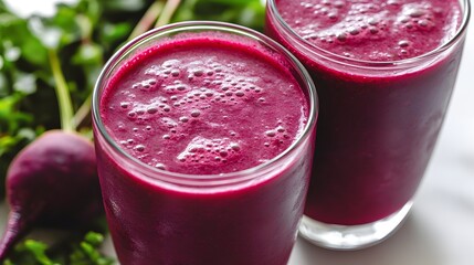 Two glasses of vibrant beetroot smoothie sit on a marble surface next to fresh beetroot and leafy greens.