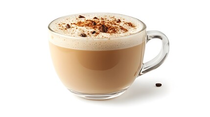 Obraz premium A delicious cup of creamy cappuccino coffee topped with cinnamon and coffee beans sits in a clear glass mug on a white background.