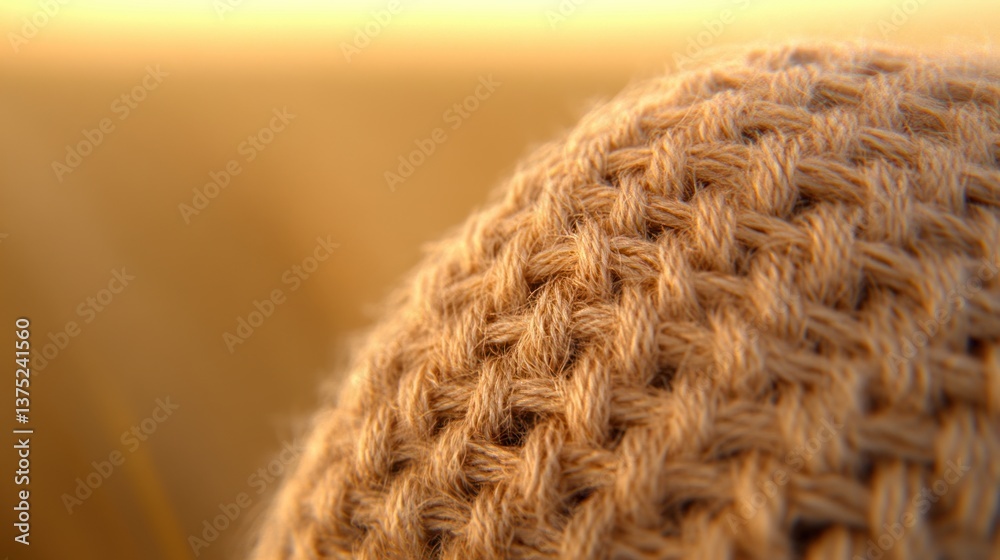 Poster close-up shot of beige knitted fabric texture with a warm golden background blur.
