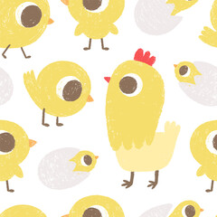 Сute seamless pattern with chicks, hens on white background