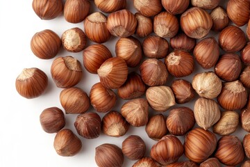 Pile of Brown Hazelnuts in Shells on White Background Still Life