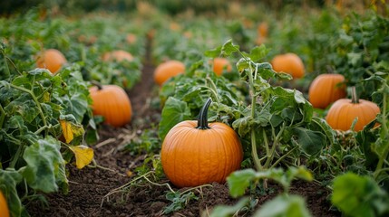 Pumpkins growing in a field with lush green vines under a clear sky during autumn harvest time