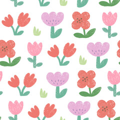 Spring hand drawn seamless pattern with tulips, chalk texture