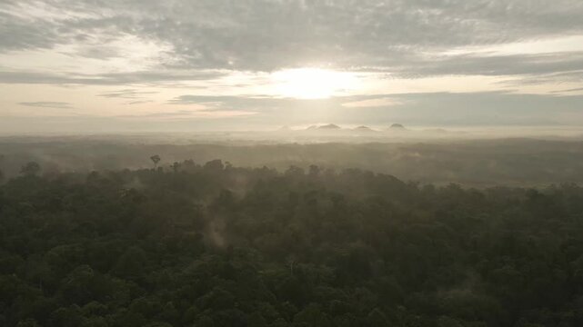 The silent morning in the mist-covered mountains, with silhouettes of hilltops emerging from the fog. This scene portrays tranquility and the beauty of untouched nature.