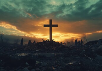 Cross Silhouette Against Dramatic Sunset with People in Background