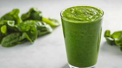 A refreshing green smoothie made with spinach and other healthy ingredients is displayed in a tall glass on a marble countertop.